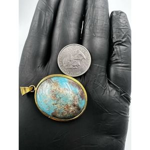 Natural Turquoise Pendant Metal Brass Handmade With Rope
